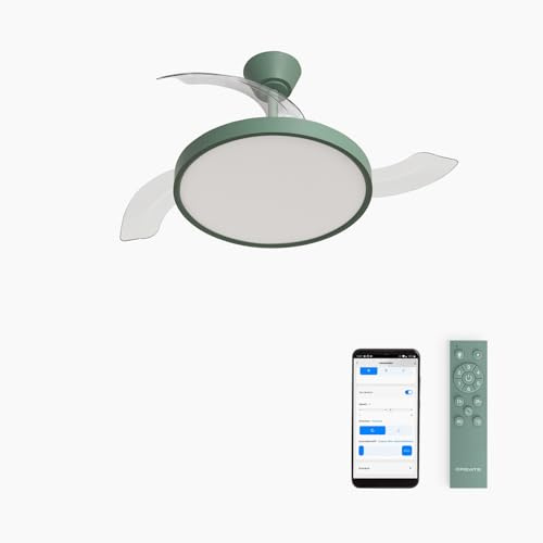CREATE / WIND CLEAR STUDIO S/Ventilatore da soffitto con luce verde sage con Wifi e telecomando / 40W, Temporizzatore, Ø 91 cm, 6 velocità, pale retrattili, 3 temperature di luce, estate-inverno