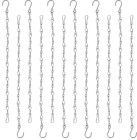 12Pcs Hanging Chains, 25CM Hanging Basket Chains with S Type Hook+ Clip, Planter Hanger Metal Chain for Bird Feeder Wind Chime Lantern Billboard Chalkboard Indoor Outdoor Decorative Ornament Silver