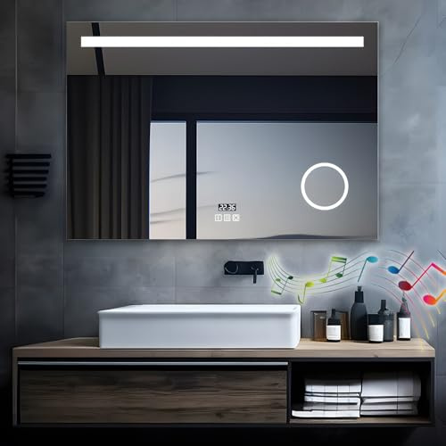 MIQU Miroir de Salle Bain Bluetooth avec éclairage 120 x 80 cm Grand Miroir Mural LED avec Prise de Courant, Dimmable en 3 Couleurs, Grossissant 3X, Horloge, Anti-buée, Interrupteur Tactile
