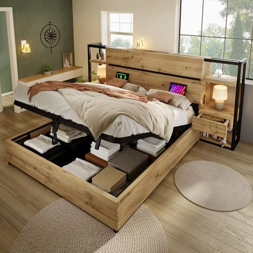A ALFRESCOOL Doppelbett Holzbett Bettrahmen 160x200cm, Hydraulisches Stauraumbett, Stauraum-Kopfteil mit Schubladen & USB, Type-C Ladeanschluss, Eichenoptik, Metallrahmen, Ohne Matratze (Eichenfarbe)