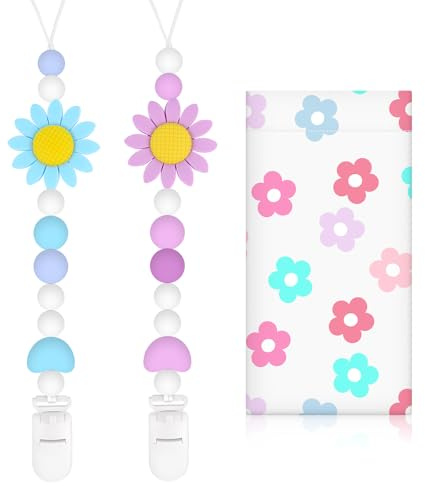 Bingtoo 2er Pack Baby Schnullerkette Silikon mit Sicherheitsclip, Pacifier Chain, Schnullerband für Jungen & Mädchen, Schnullerketten für Kinderwagen und Babytragen, Geschenk zur Geburt Mädchen