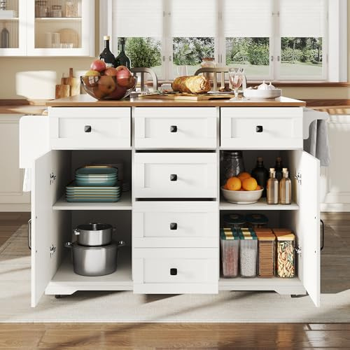 LAKFEW Isla Cocina con Ruedas y Tablero Plegable, Armario de Cocina con 5 Cajones y 2 Puertas, Ilha de Cozinha con Estante Ajustable y Toallero, Kitchen Island, 147x44(70) x93 cm, Blanco