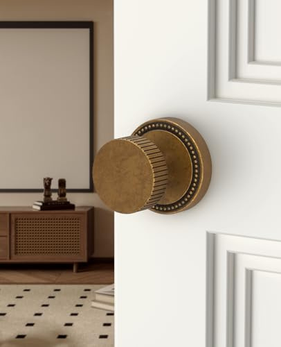 Amerdeco 1 Pack Antique Brass Privacy Door Knobs with Lock, Door Handles with Champagne Bronze Door Knobs Interior for Bedroom or Bathroom, Heavy Duty Door Lever for Left Right Sided Doors AM054