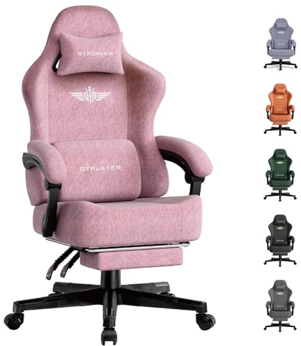 GTPLAYER Gaming Chair, Office Chair, Ergonomic Office Chair, High Quality - Fabric, Ergonomic PC Chair, 160° Adjustable Backrest and Extendable Footrest, Load 180 kg, Pink