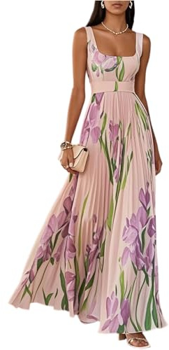 Robe Longue Femme Chic et Elegant Plissée à Fleurs sans Manches Col Carré pour Mariage Soirée Cocktail Robe Mariage Invitée Fluide Légère Taille Haute