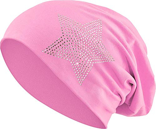 Jersey Baumwolle elastisches Long Slouch Beanie Unisex Herren Damen mit Strass Stern Steinen Mütze Heather in 35 (2) (Light Pink)