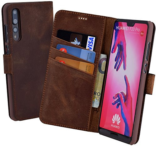 Suncase Book-Style kompatibel für Huawei P20 Pro Hülle (Slim-Fit) Leder Tasche Handytasche Schutzhülle Case (mit Standfunktion und Kartenfach - Bruchfester Innenschale) in antik Coffee