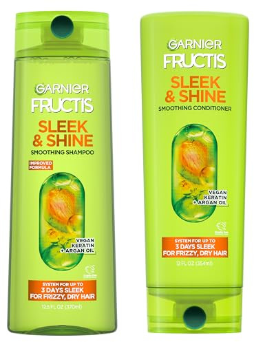 Garnier Fructis Sleek & Shine Shampoo (22 Fl Oz) + Conditioner (21 Fl Oz) Set for Frizzy, Dry Hair, Plant Keratin + Argan Oil (2 Items), 1 Kit (Packaging May Vary)