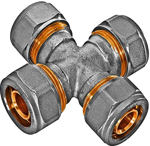 MegaHaustechnik Kreuz-Stück Schraubfitting für Mehrschichtverbundrohr 16x2 mm (AußenØ x Wandstärke) aus Messing Verschraubung 4-fach Verbinder Kupplung Trinkwasser geeignet