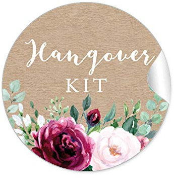 72 STICKER Hangover KIT Etiketten als Gastgeschenk für den Tag danach BOHO KRAFTPAPIER OPTIK BLÜTEN ROSEN GRÜN ROT ROSA BRAUN Zur Hochzeit Geburtstag Taufe