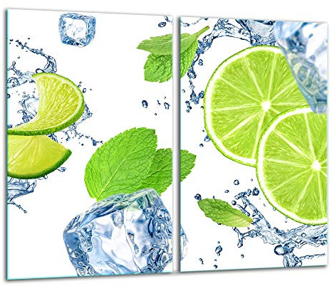 TMK | Herdabdeckplatten ceranfeld 2 Teilig 30x52 cm | Ceranfeldabdeckung Küche Elektroherd Induktion | Herdschutz Spritzschutz | Glasplatte Schneidebrett motiv grün Zitrone