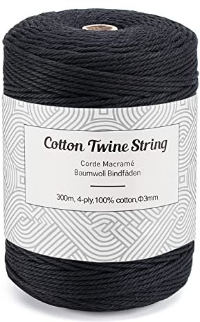 Macramé Fil, Corde pour Macramé 3mm x 300m Fil Macrame Coton, Fil pour Macramé Ficelle Corde pour Tressée DIY, Tapisserie de Plante, Artisanat Suspendues, Mariage Décoration - Noir