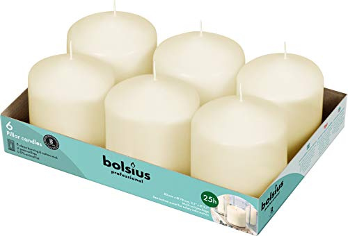 BOLSIUS 6 Ivory Pillar Candles Bulk - 3x3 Inches Candle Set - 25+ Hours Clean Burning - No Palm Oil - 0% Animal Fat - Premium European Quality - Unscented Dripless Dinner Pillars