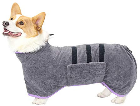 Hunde-Bademantel, Mikrofaser, Bademantel für Hunde und Katzen, Handtuch mit Gürtel, Haustier-Pyjama, verstellbar, für Welpen, kleine, mittelgroße und große Hunde (XS-Grau)
