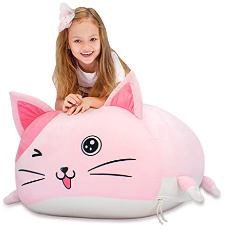 Anzitinlan Cute Cat Bean Bag Chair for Kids, Pink Stuffed Animal Storage Beanbag Chairs for Girls Room Decor, Extra Large Size, Velvet Super Soft Cover Only