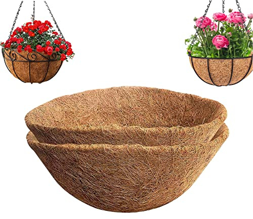 YUNSTK 2 Pcs Hanging Basket Liners 12 inch, Round Planter Liner Coco Fiber Replacement Liner, Natural Coconut Fibres Trough Liners for Hanging Baskets at Indoor Outdoor Garden Porch Balcony