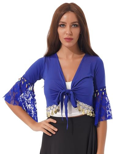 renvena Bauchtanz Kostüm Damen Crop Top Bauchfrei Oberteil Tops Wickeljacke Tanzjacke mit Quasten Münzen Frauen Belly Dance Tanzbekleidung Royal Blau XXL