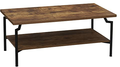 Household Essentials Crown Rectangular Coffee Table with Storage Shelf Rustic Hickory Wood Grain and Black Metal