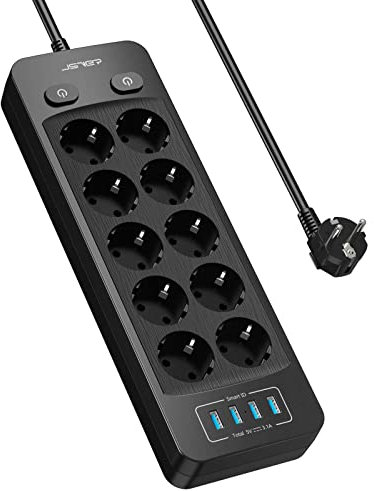 JSVER Regleta Enchufes Con 10 Tomas de Corriente y 4 Puertos USB (5V3,1A/15,5W), 3680W 16A, Interruptor, Cable 2m - Para Viajes y Casa - Negro