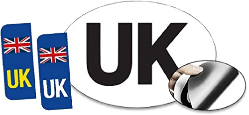 3 Pack UK Magnetic Car Badge and UK Number Plate Stickers – GB Stickers for Europe – Weatherproof Vinyl – Legal Size Magnet and Self-Adhesive Decals for Car Travel