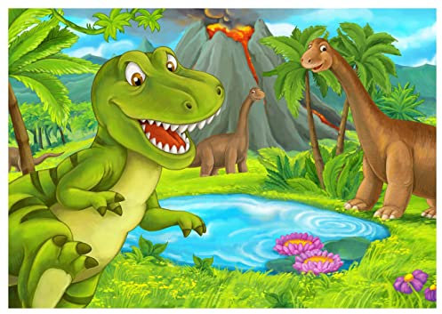 wandmotiv24 Fototapete Dino Dinosaurier Berg Teich, L 300 x 210 cm - 6 Teile, Wanddeko, Wandbild, Wandtapete, Tyrannosaurus Rex Brontosaurus Vulkan M6879