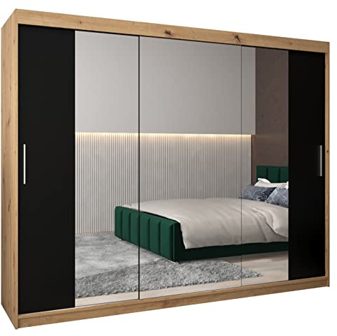 ABIKSMEBLE Tokyo 2 250 Armoire de Rangement avec Miroir à Trois Portes Coulissantes pour Chambre à Coucher - Moderne, Tringle et Étagères - 250x200x62 cm (L x H x P) - Artisan + Noir Mat