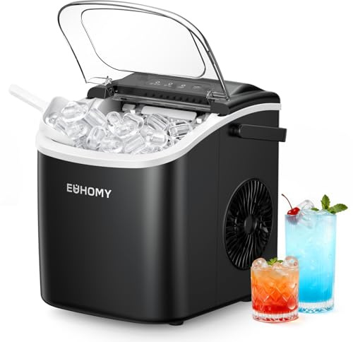EUHOMY Máquina de Hielo: 9 Cubos en 6 Minutos, Maquina de Hacer Hielo Autolimpiable, 12Kg/24H, 2 Tamaños de Hielo, con aAsa, Pala para Hielo y Cesta Ideal Para Inicio/Cocina/Oficina/Bar, Negra mate