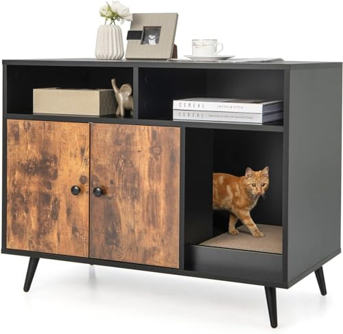 GOPLUS Maison de Toilette pour Chat, Armoire pour Chat avec Armoire à Double Porte, Compartiments et Griffoir pour Chat, Meuble pour Chats Intérieur, 90 x 50 x 70 CM