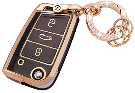 Autoschlüssel Hülle für VW/Seat Zubehör 3 Tasten TPU Auto Schlüsselhülle | für Golf 7 Polo MK6 Jetta Superb Fabia für Seat Leon Ateca Schlüssel Hülle TPU Schlüsselcover mit Schlüsselbund Schwarz Gold