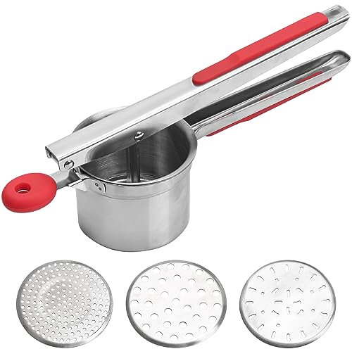 LUVZOOR Kartoffelpresse Edelstahl, Professionelle Spaghettieispresse mit 3 Lochscheiben Kartoffelstampfer Spätzlepresse Silikongriffe für Kartoffelpüree, Babynahrung, Entsaften, Zitrone Auspressen