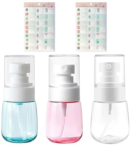 MEMOFYND 3 flaconi per lozione da 30 ml con 2 adesivi, flaconi spray trasparenti, flaconi per cosmetici di profumo, flaconi spray portatili da viaggio (trasparente, blu, rosa).
