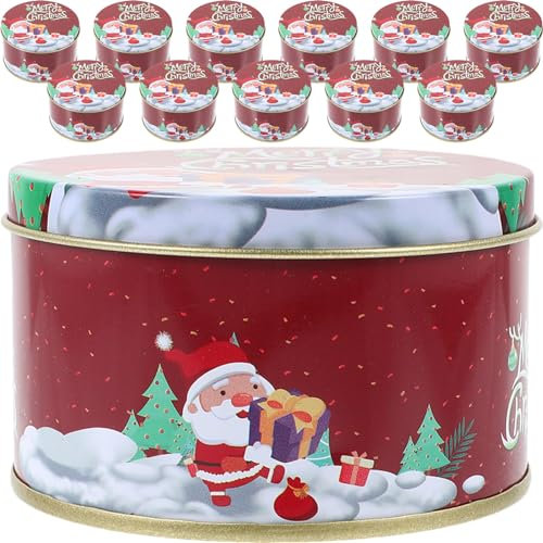DEARMAMY Weihnachtsdekorationen 12 Stück Weihnachts-Bonbondosen Aus Metall Mit Deckel Bonbonbehälter Dekorative Runde Keksdose Kerzendosen Für Weihnachten (Gemischte Farben).