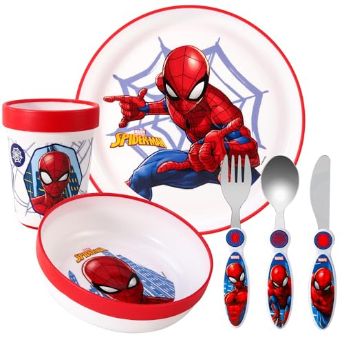Spiderman Kids - Juego de vajilla de 6 piezas para niños, plato, taza, cuchillo, tenedor, cuchara, vajilla para niños