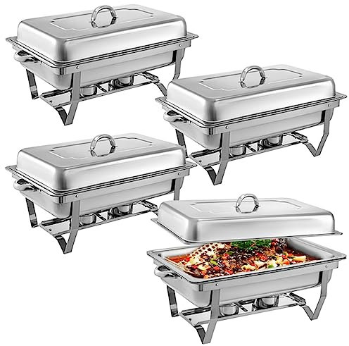 Chafing Dish Buffet Set, 9 Litres Stainless Steel Rectangle Food Warmer Kit With Lids - Twin Burners For Wedding, Parties, Banquet, Catering Events, Set Of 4