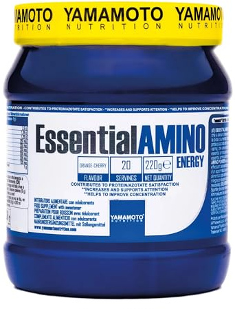YAMAMOTO NUTRITION Essential AMINO ENERGY 220 gr, Integratore di Amminoacidi Essenziali EAA e BCAA 2:1:1, Pre-Workout con Caffeina per la Massima Energia, Gusto Arancia e Ciliegia
