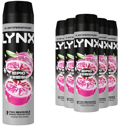 Lynx XL Epic Fresh Antiperspirant Deodorant Spray for Men 200ml Pack of 6 72H Sweat & Odour Protection Grapefruit & Tropical Pineapple Fragrance Lynx Antiperspirant Spray