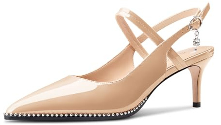 Castamere Mujer Correa Tobillo Slingback Pumps Medio Gatito Heel Sandalias Dedo del pie Puntiaguada Punta Cierre con Hebilla Zapatos 6.5 CM Heels Desnudo 44 EU