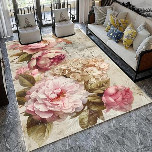 JGGXHM Moderner Luxus-Wohnzimmerteppich mit Rosenmotiv, Heimdekoration, Schlafzimmerteppich, große Größe, rosa, Rutschfester Teppich, waschbar, Bodenmatte, 60 x 100 cm