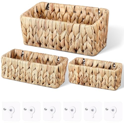 Threehoney 3 Pcs Woven Hanging Wall Baskets for Storage Seagrass Wall Mount Organizer with 6 Mounting Hooks Decorative Bathroom Basket for Boho Room Decor Letters Mail Kitchen