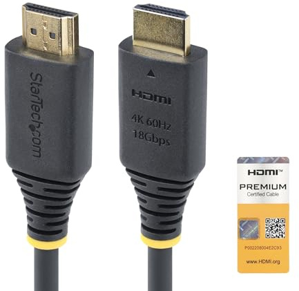 StarTech 4m Premium HDMI Kabel, 4K 60Hz, 18Gbps, UHD 2.0, Schwarz | Premium Zertifiziert, ARC, 1440p 144Hz, HDR10, Mit Ethernet, Vergoldete Stecker, Für TV und PC