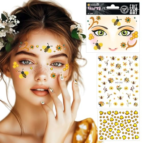 Gesichtstattoo Karneval Bee Tattoo Gesicht, Gesichtstattoo Glitzer Schminke Temporäre Tattoos mit Diamantaufklebern Nagelaufklebern, Ablösbare Gesicht Aufkleber für Fasching,Karneval,Erwachsene,Kinder