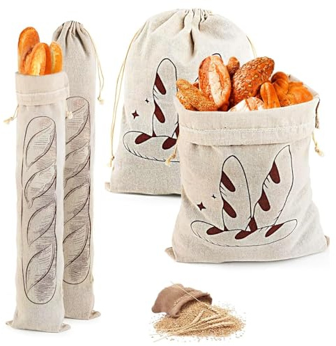 Brotbeutel Aufbewahrung Frischhalten, 4 Stück Brotbeutel Leinen mit Kordelzug Brotaufbewahrung, Wiederverwendbar Brot Leinenbeutel für Brot, Baguette,selbstgemachtes Brot und weitere Lebensmittel
