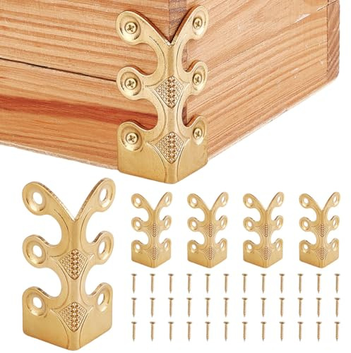 DELORIGIN 6Pcs Brass Corner Protectors Vintage Metal Wall Decorative Corner Protector Skirting Baseboard Corner Covers Dust Corners for Tirm Furniture Walls Wood Box Edge Clear Frames Protect (Gold)