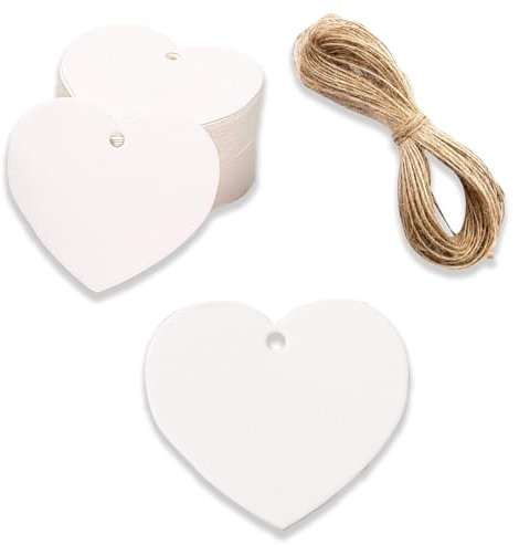 Geschenkanhänger Weiß Herz Kraftpapier Anhänger, 100 Stück Herzförmiger weißer Geschenkanhänger aus Kraftpapier und 20 M Hanfseil, Hochzeitsherzetikett mit Seil, für Party, Valentinstag, Christmas.