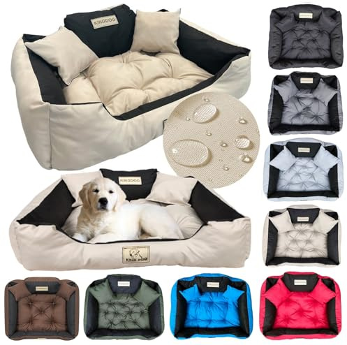 KING DOG Hundebett Mittelgroße Hunde Waschbar M 75 x 65 cm Hundekissen Haustierbett Hundekorb Personalisiert - Name des Hundes Wasserdichtes Material Silikon Füllung Beige
