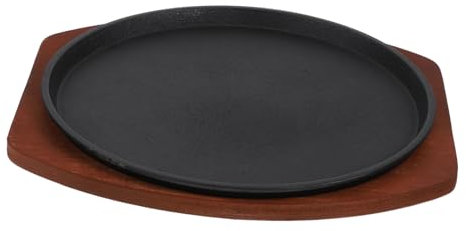 BEBEMOKO Gusseiserne Grillplatte Steakplatte Mit Holztablett Ø25cm Antihaftbeschichtet Servierplatte Für Zuhause Und Restaurant