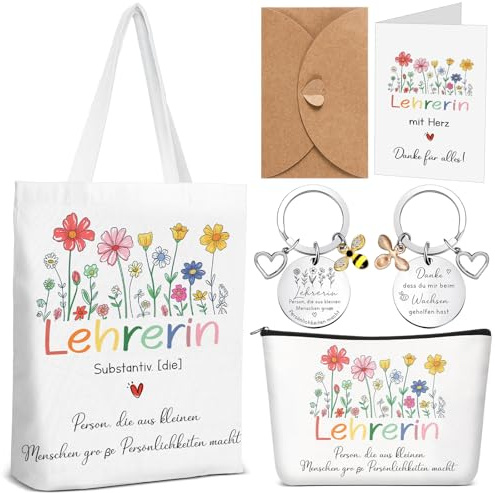 Xuniea Abschiedsgeschenk Lehrerin Danke Geschenk, Umhängetasche | Stofftasche, Kosmetiktasche, Schlüsselanhänger, Grußkarte mit Umschlag, Dankeschön Geschenke für Lehrer Erzieherin Abschied