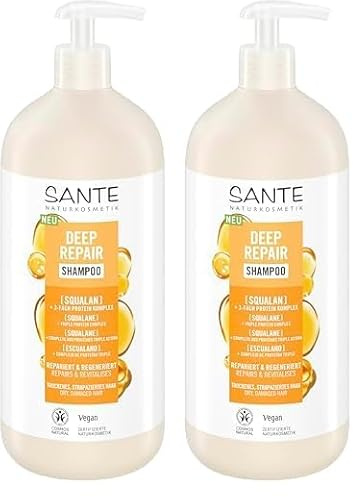 SANTE Naturkosmetik Deep Repair Shampoo Squalan + 3-Fach Protein Komplex, veganes Pflegeshampoo für geschmeidiges und glänzendes Haar, repariert trockenes, strapaziertes Haar, 950 ml (Packung mit 2)