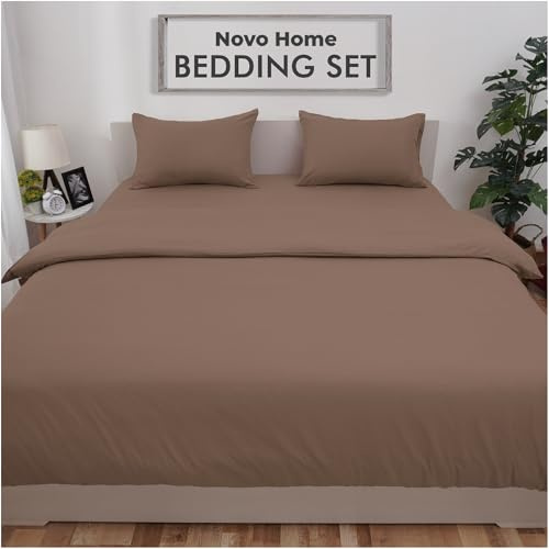 Novo Home Bedding Set Double with Fitted Sheet, Duvet Cover & 2 Pillowcases – Brown Microfibre 4 Piece Bed Set | Soft, Durable & Easy Care Double Bedding for All Season Comfort in Modern Bedroom
