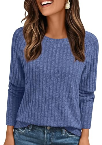 AirMood Magliette da Donna a Maniche Lunghe, Casual, a Tunica, Girocollo, vestibilità Ampia, a Costine, Blu, S
